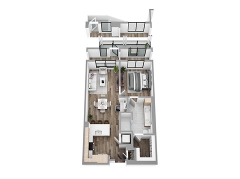 Floor plan A5, a 1-bed, 1-bath 736–811 SF apartment with open living, dining, and kitchen area