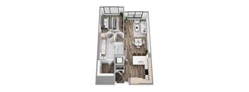 Floor plan A6, a 1-bed, 1-bath 735–780 SF apartment with open living, dining, and kitchen area
