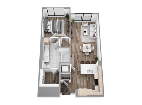 Floor plan A6, a 1-bed, 1-bath 735–780 SF apartment with open living, dining, and kitchen area