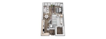 Floor plan A7, a 1-bed, 1-bath 780 SF apartment with open living, dining, and kitchen area
