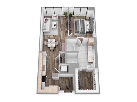 Floor plan A7, a 1-bed, 1-bath 780 SF apartment with open living, dining, and kitchen area