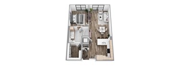 Floor plan A8, a 1-bed, 1-bath 763–819 SF apartment with open living, dining, and kitchen area