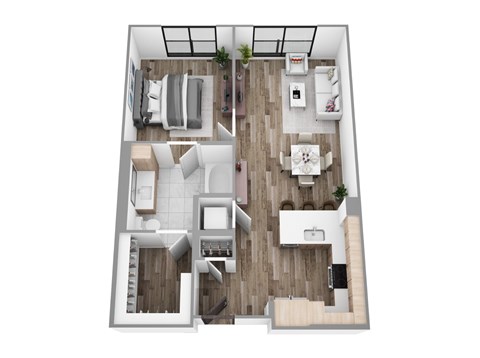 Floor plan A8, a 1-bed, 1-bath 763–819 SF apartment with open living, dining, and kitchen area