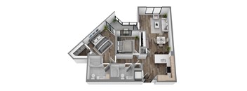 Floor plan B1, a 2-bed, 2-bath 1,096–1,102 SF apartment with open living, dining, and kitchen area