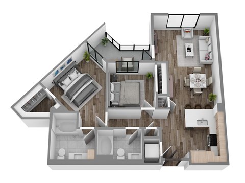 Floor plan B1, a 2-bed, 2-bath 1,096–1,102 SF apartment with open living, dining, and kitchen area