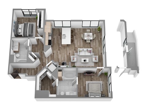 Floor plan B10, a 2-bed, 2-bath 1,209 SF apartment with open living, dining, and kitchen area