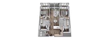 Floor plan B11, a 2-bed, 2-bath 1,199–1,240 SF apartment with open living, dining, and kitchen area