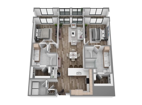 Floor plan B11, a 2-bed, 2-bath 1,199–1,240 SF apartment with open living, dining, and kitchen area
