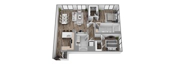 Floor plan B12, a 2-bed, 2-bath 1,240 SF apartment with open living, dining, and kitchen area