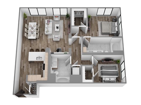 Floor plan B12, a 2-bed, 2-bath 1,240 SF apartment with open living, dining, and kitchen area