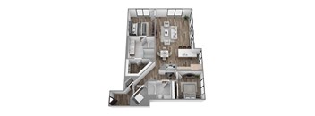 Floor plan B13, a 2-bed, 2-bath 1,280 SF apartment with open living, dining, and kitchen area