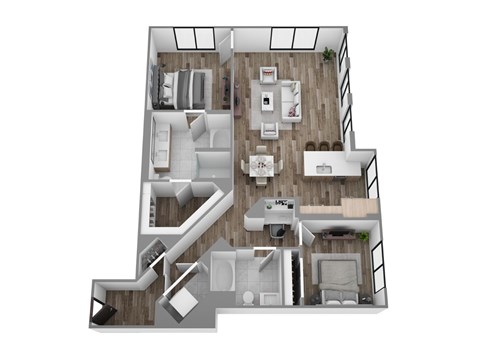 Floor plan B13, a 2-bed, 2-bath 1,280 SF apartment with open living, dining, and kitchen area