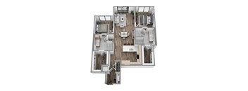 Floor plan B14, a 2-bed, 2-bath 1,288 SF apartment with open living, dining, and kitchen area