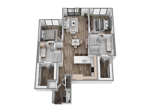 Floor plan B14, a 2-bed, 2-bath 1,288 SF apartment with open living, dining, and kitchen area