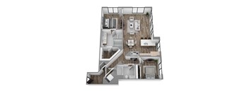 Floor plan B15, a 2-bed, 2-bath 1,336 SF apartment with open living, dining, and kitchen area