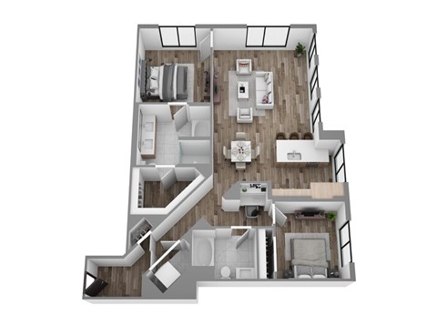Floor plan B15, a 2-bed, 2-bath 1,336 SF apartment with open living, dining, and kitchen area
