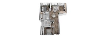 Floor plan B2, a 2-bed, 2-bath 1,038 SF apartment with open living, dining, and kitchen area