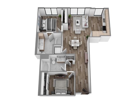 Floor plan B2, a 2-bed, 2-bath 1,038 SF apartment with open living, dining, and kitchen area
