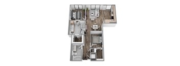 Floor plan B3, a 2-bed, 2-bath 1,086 SF apartment with open living, dining, and kitchen area