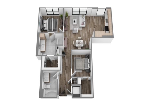Floor plan B3, a 2-bed, 2-bath 1,086 SF apartment with open living, dining, and kitchen area