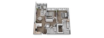 Floor plan B4, a 2-bed, 2-bath 1,100–1,161 SF apartment with open living, dining, and kitchen area