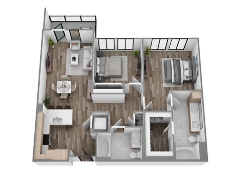 Floor plan B4, a 2-bed, 2-bath 1,100–1,161 SF apartment with open living, dining, and kitchen area