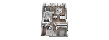 Floor plan B5, a 2-bed, 2-bath 1,101 SF apartment with open living, dining, and kitchen area