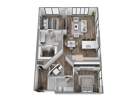 Floor plan B5, a 2-bed, 2-bath 1,101 SF apartment with open living, dining, and kitchen area
