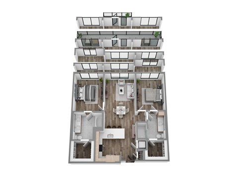 Floor plan B6, a 2-bed, 2-bath 1,084–1,212 SF apartment with open living, dining, and kitchen area