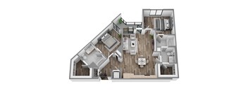 Floor plan B7, a 2-bed, 2-bath 1,151–1,212 SF apartment with open living, dining, and kitchen area