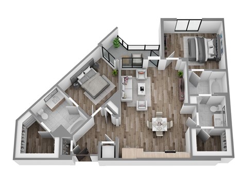 Floor plan B7, a 2-bed, 2-bath 1,151–1,212 SF apartment with open living, dining, and kitchen area