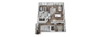 Floor plan B8, a 2-bed, 2-bath 1,175 SF apartment with open living, dining, and kitchen area
