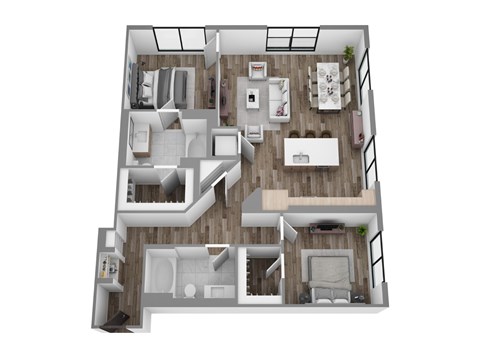Floor plan B8, a 2-bed, 2-bath 1,175 SF apartment with open living, dining, and kitchen area