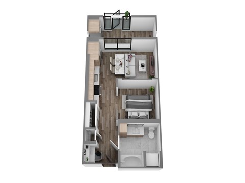 Floor plan S1, a studio, 1-bath 540–633 SF apartment with open living, dining, and kitchen area