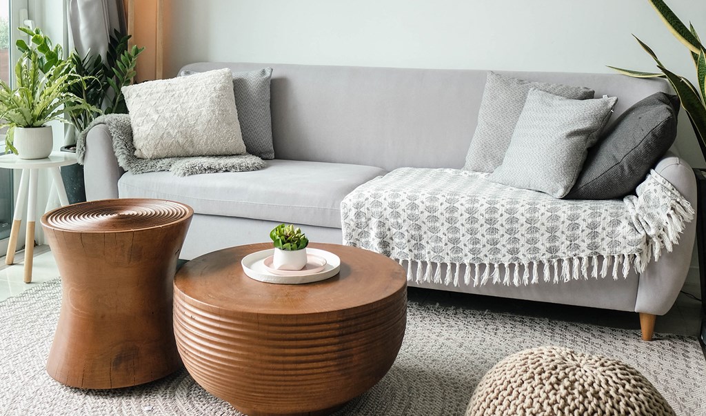 a living room with a couch and a coffee table
