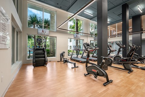 A gym with treadmills, elliptical machines, and a weight machine.