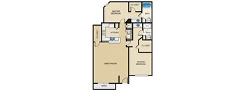 A floor plan of a house with two master bedrooms, a kitchen, a great room, and a patio.