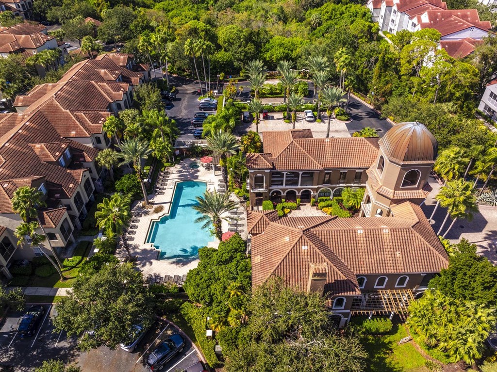 Overhead shot showing courtyard fountain and pool deck layout
