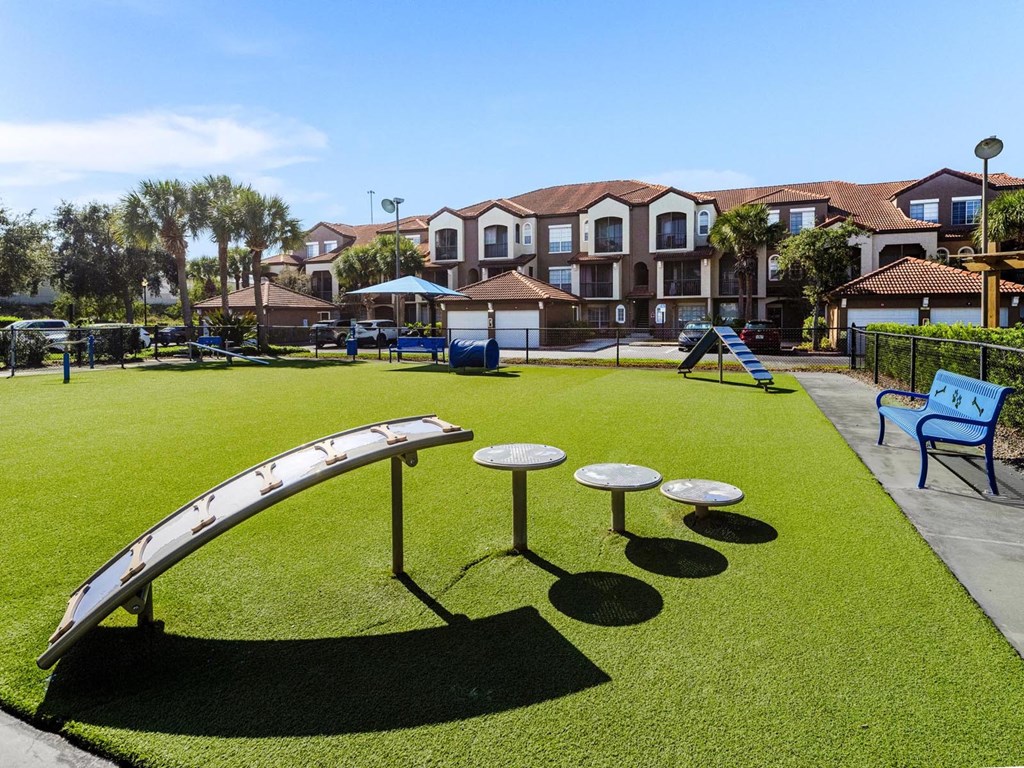 Gated dog park with agility ramps, tunnels and benches