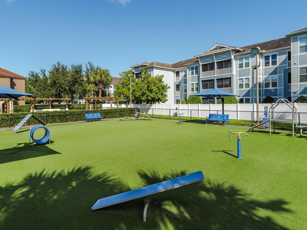 Wide dog park view with seesaw, tunnel and shaded seating