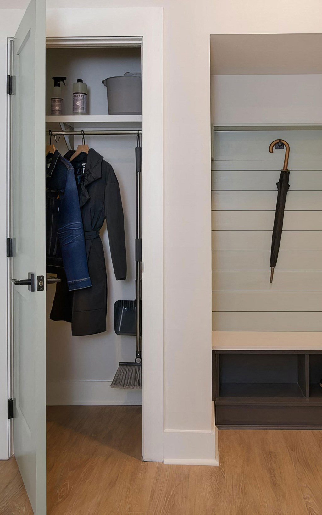 Cozy entryway foyer with hall closet and coat hooks at Novel Cary