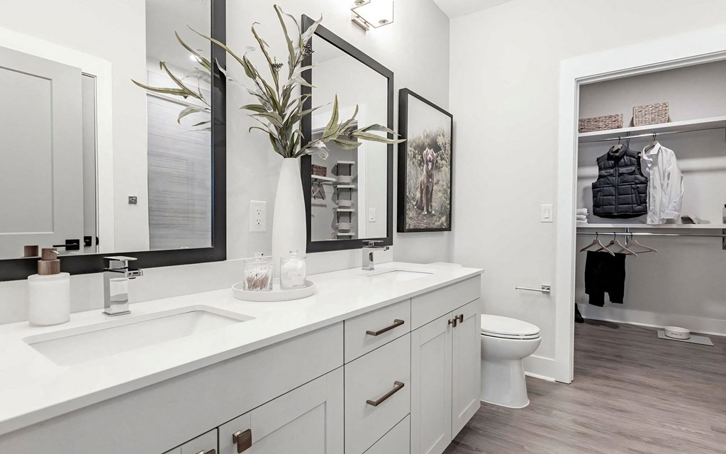 Luxurious bathroom with double vanity and spacious walk-in closet at Novel Cary
