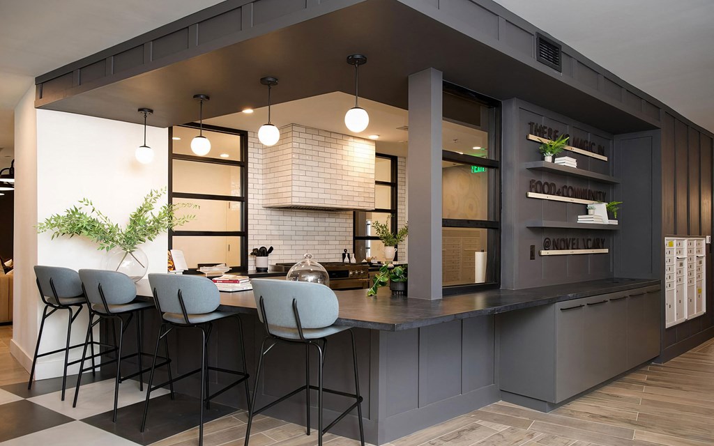 Fun public space with countertop and full kitchen at Novel Cary