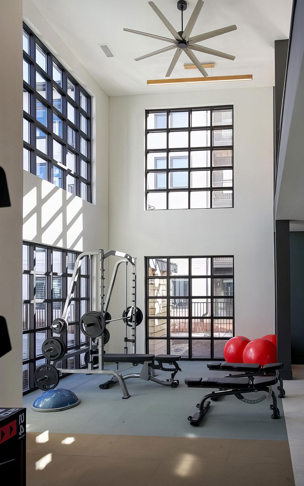 Weight rack with several benches in fitness area with extra tall ceilings at Novel Cary