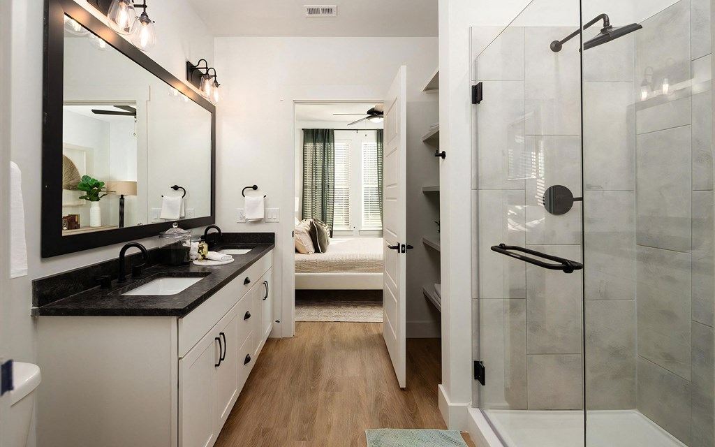 Modern Bathroom with Frameless Glass Shower and Double Sink Vanity