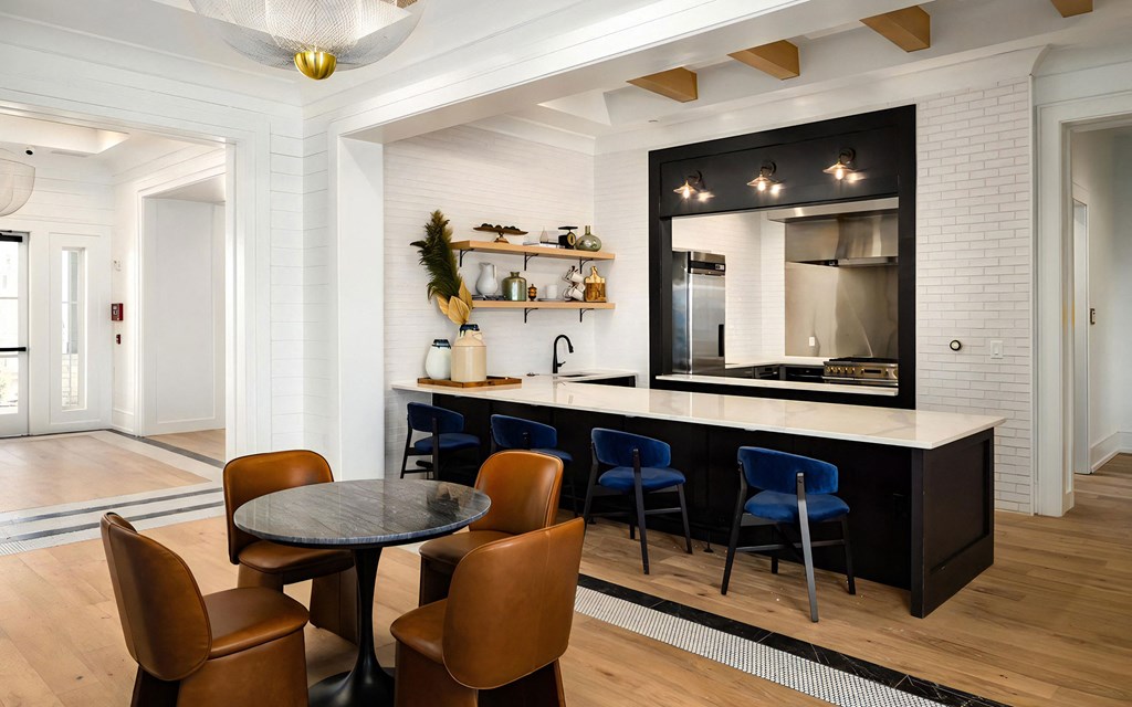 Bar-Style Social Kitchen with High-Top Seating and Open Shelving