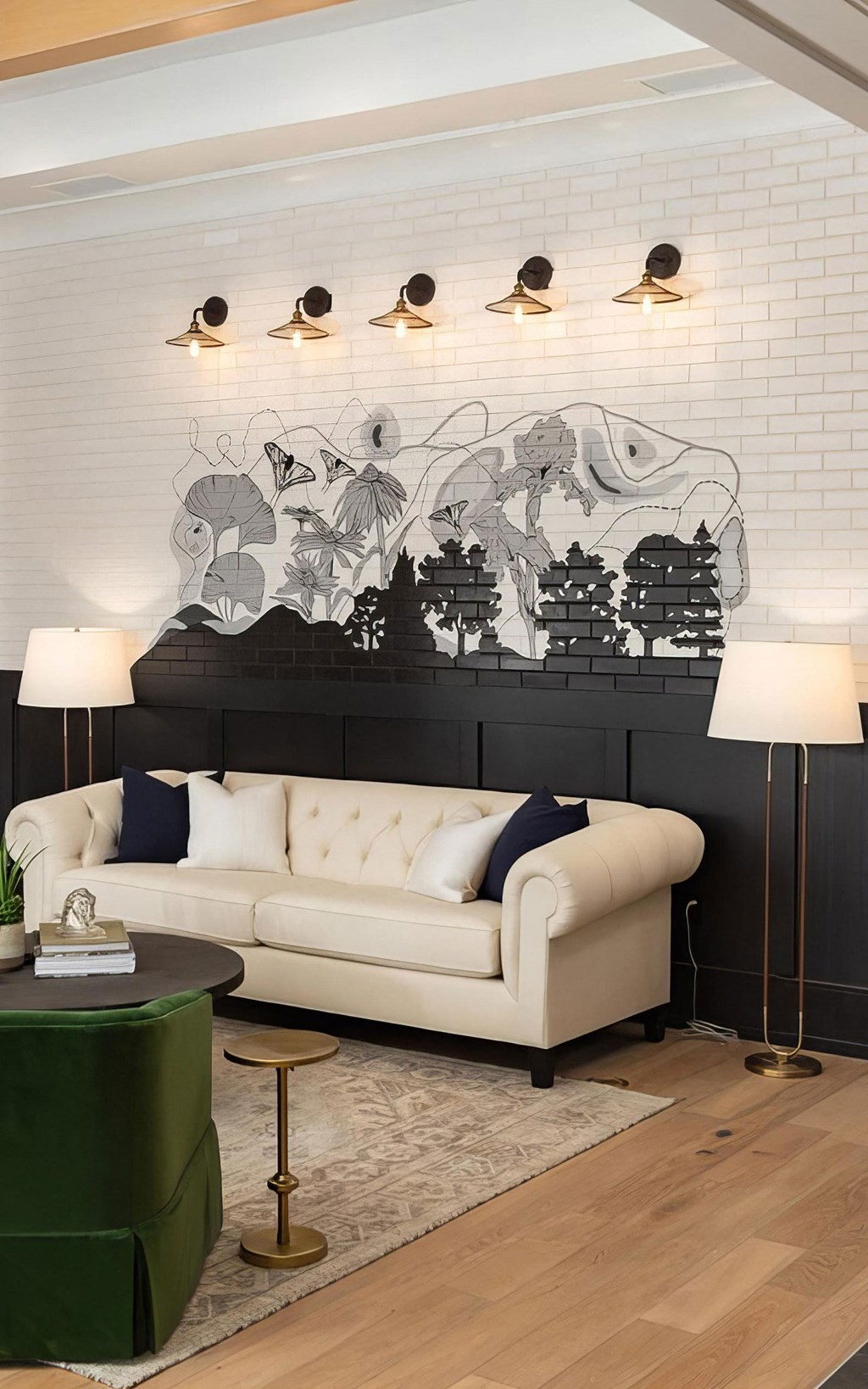 Stylish Seating Area with White Brick Wall Art and Warm Decorative Lighting