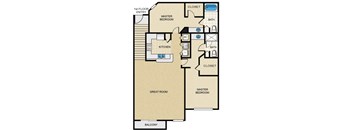 A floor plan of a house with a master bedroom, a kitchen, a great room, and a balcony.