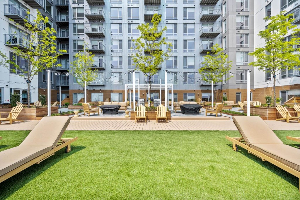 A large grassy area with wooden benches and a tree in the middle of a courtyard surrounded by buildings.