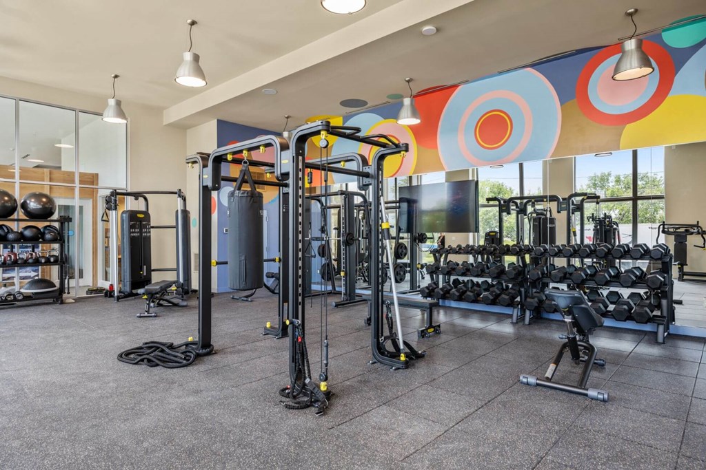 A gym with a variety of equipment including weights and machines.
